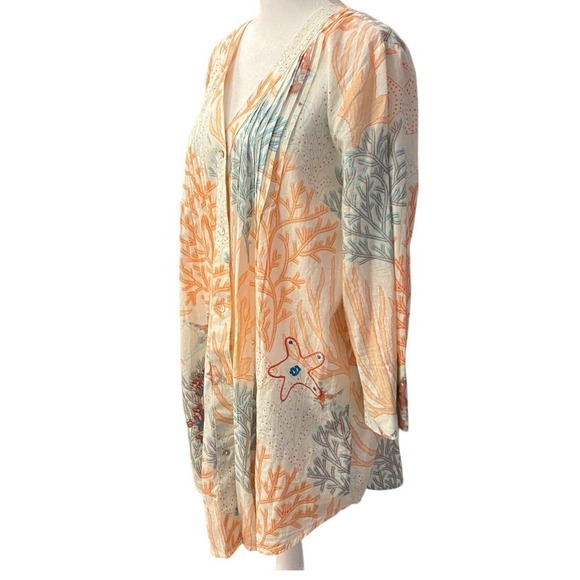 Soft Surroundings Ocean sealife button up Coral Cami Lined Tunic Shirt dress L - Picture 3 of 10
